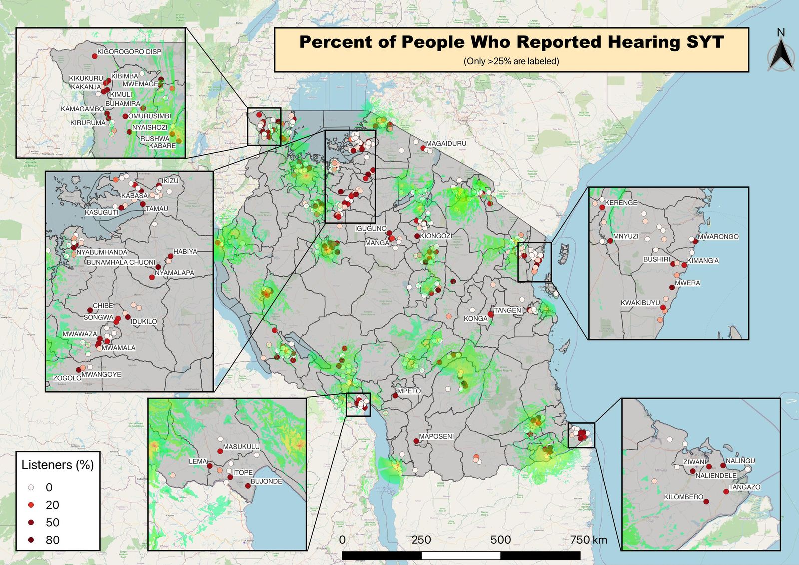 Map of Tanzania showing the share of survey respondents who listened to the Afya Yako radio program, with treatment and control radio station coverage