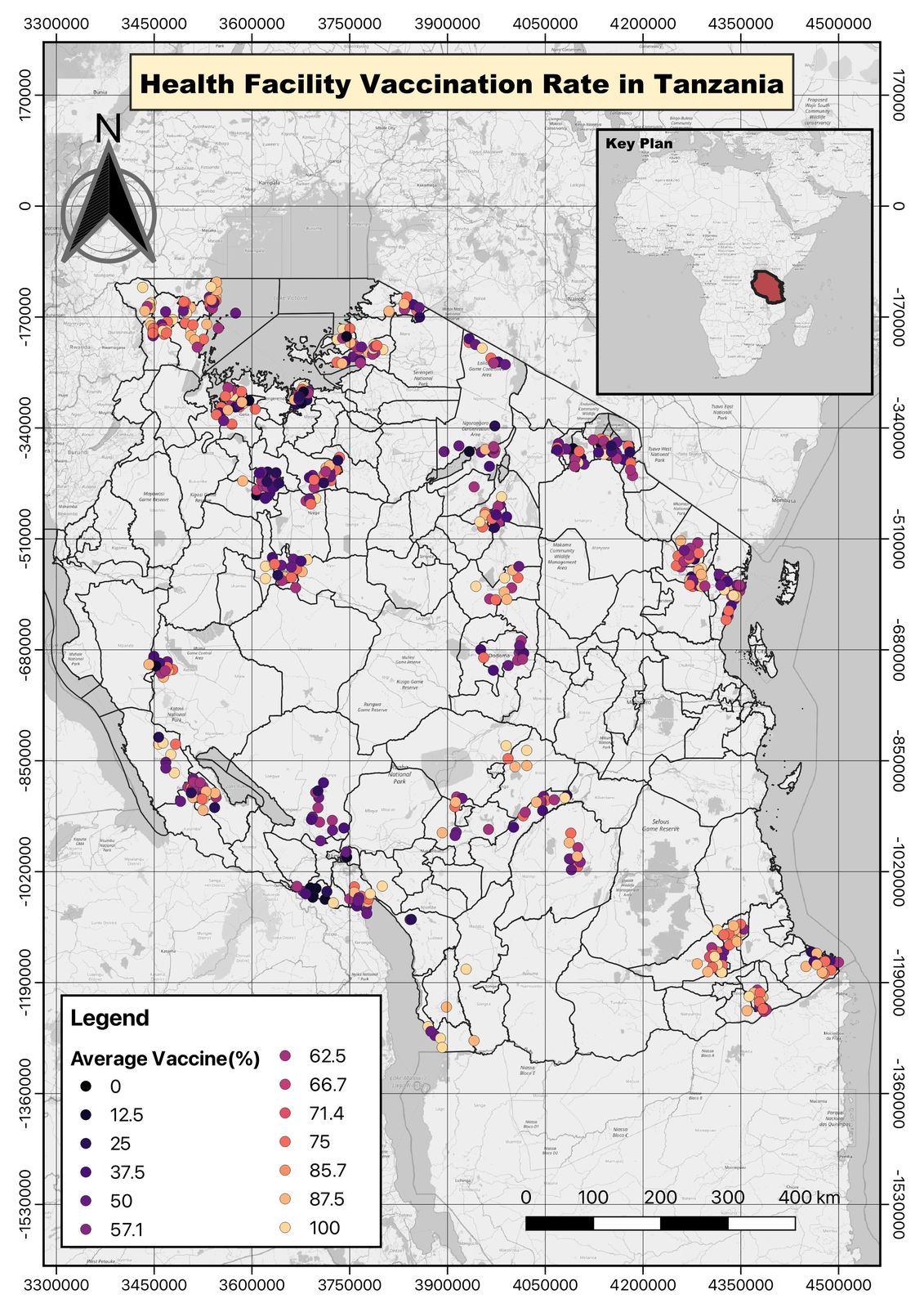 Map of vaccination rates at sampled health facilities in Tanzania